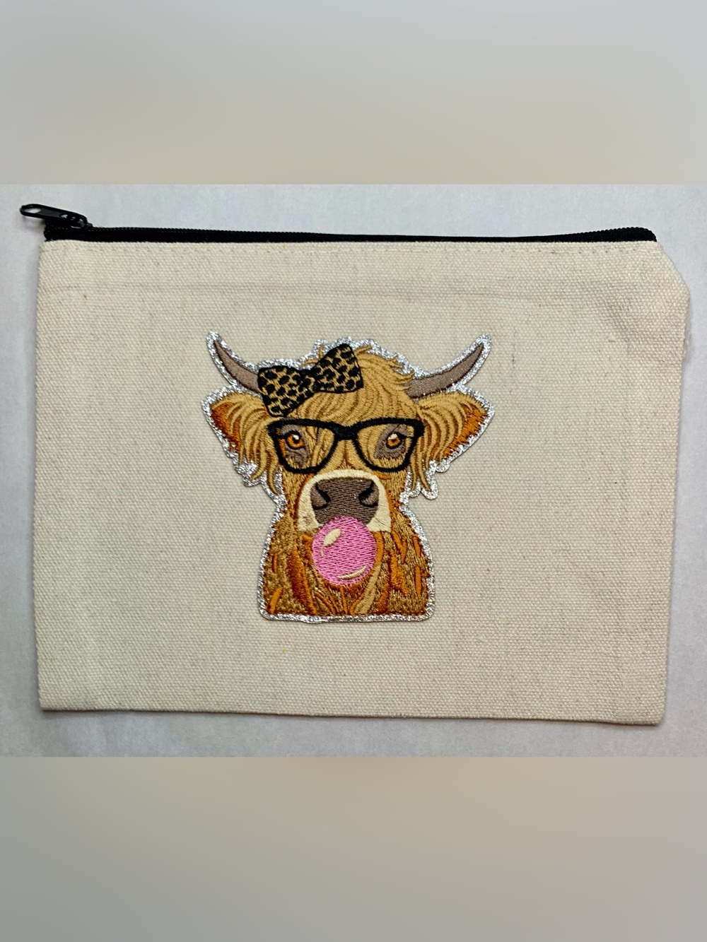 Delightful Canvas Zip Pouch with Embroidered Cow Patch - Cream